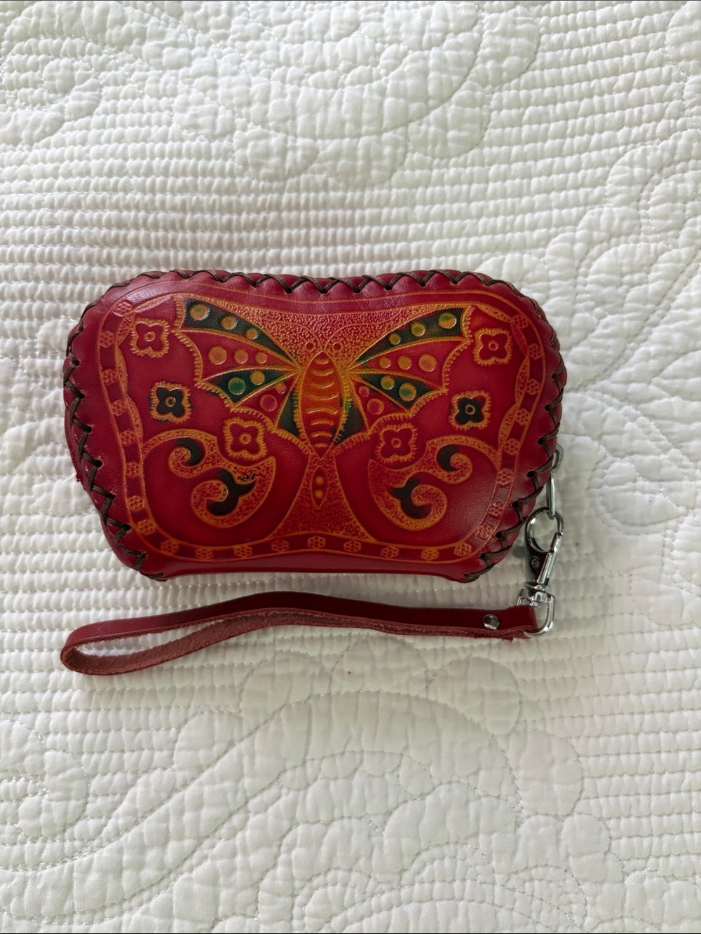 Handcrafted Red Leather Wristlet Clutch with Butterfly Design